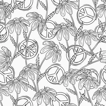 Seamless pattern with peace sign, chamomiles Stock Illustration