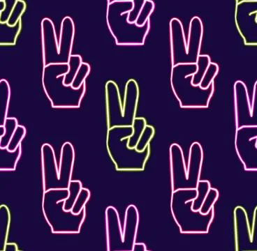 Seamless pattern Peace Sign Hand glowing desktop icon, neon sticker, neon Peace Illustrazione stock