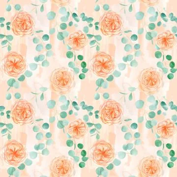 Seamless Pattern with Peach English Rose Austin Flower and Eucalyptus Illustrazione stock