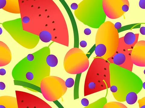 Seamless pattern with peach, pear, watermelon, blueberry and lemon. Summer .. Stock Illustration