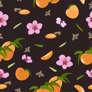 Seamless pattern of peaches and flowers. Vector illustration on a dark backgr Stock Illustration