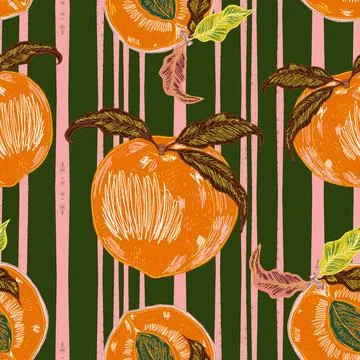 Seamless pattern with peaches and leaves in a hand-drawn line-art style. Insp Stock Illustration