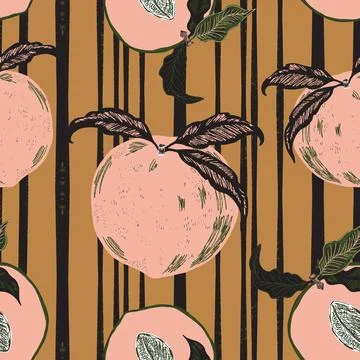 Seamless pattern with peaches and leaves in a hand-drawn line-art style. Insp Stock Illustration
