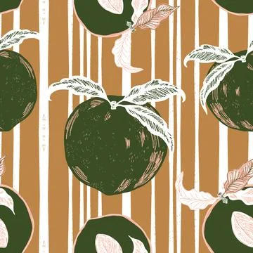 Seamless pattern with peaches and leaves in a hand-drawn line-art style. Insp Stock Illustration