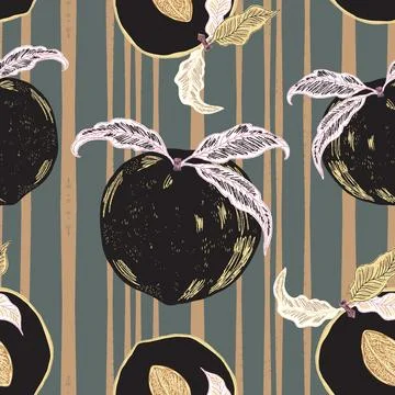 Seamless pattern with peaches and leaves in a hand-drawn line-art style. Insp Stock Illustration