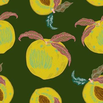 Seamless pattern with peaches and leaves in a hand-drawn line-art style. Insp Stock Illustration