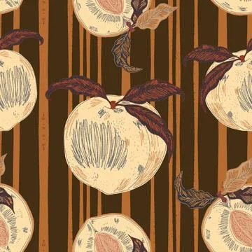 Seamless pattern with peaches and leaves in a hand-drawn line-art style. Insp Stock Illustration