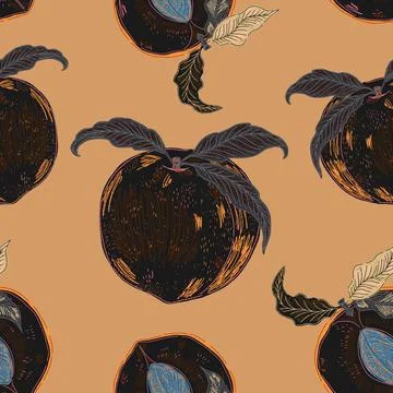 Seamless pattern with peaches and leaves in a hand-drawn line-art style. Insp Stock Illustration