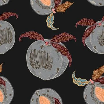 Seamless pattern with peaches and leaves in a hand-drawn line-art style. Insp Stock Illustration