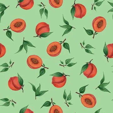 Seamless pattern with peaches, apricots, nectarines and leaves on a soft gree Illustrazione stock