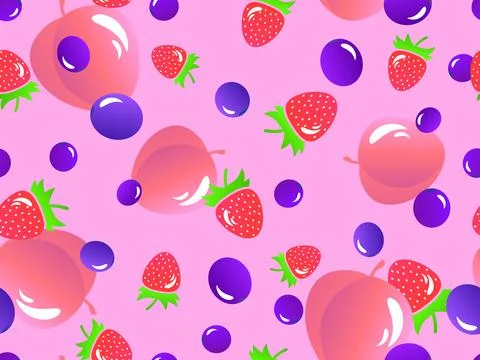 Seamless pattern with peaches, blueberries and strawberries. Gradient 3d fr.. Stock Illustration