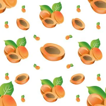 Seamless pattern of peaches with leaves. Vector illustration isolated on white Stock Illustration