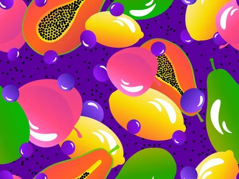 Seamless pattern with peaches, lemons, papaya and blueberries. Summer exoti.. Illustrazione stock