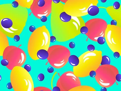 Seamless pattern with peaches, lemons, pears and blueberries. Summer exotic.. Illustrazione stock