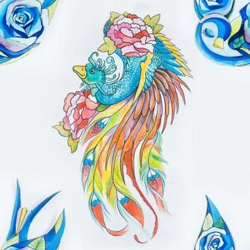 Seamless pattern of a peacock and a blue bird on a white background. Stock Illustration