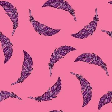 Seamless pattern of peacock feather in boho style on pink background. Stock Illustration