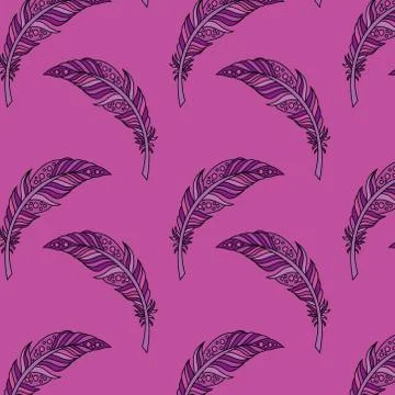 Seamless pattern of peacock feather in boho style on purple background Stock Illustration