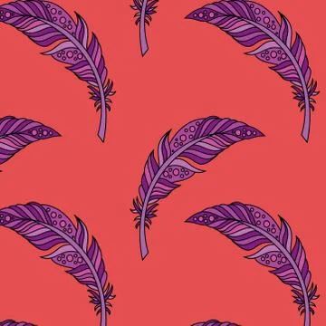 Seamless pattern of peacock feather in boho style on red background. Stock Illustration