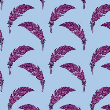 Seamless pattern of peacock feather in boho style on turquoise backgro Stock Illustration