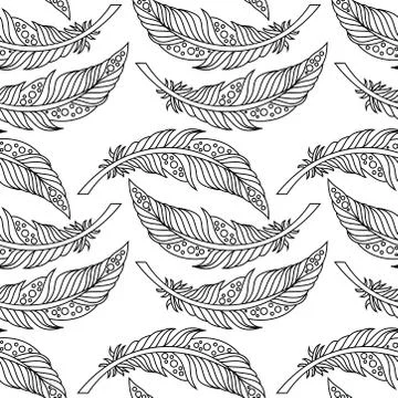 Seamless pattern of peacock feather in boho style on white background. Stock Illustration