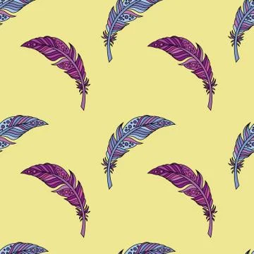Seamless pattern of peacock feather in boho style on yellow background Stock Illustration