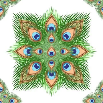 Seamless pattern with a peacock feather mandala. Vector background for text.. Illustrazione stock