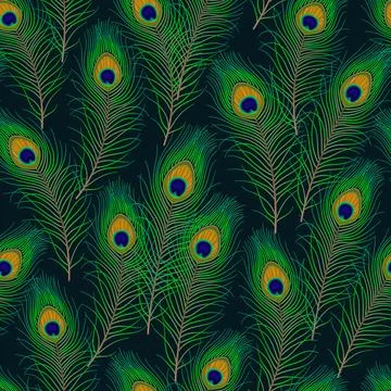 Seamless pattern with peacock feathers on a dark background Stock Illustration