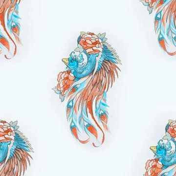 Seamless pattern peacock in flowers on a white background. Stock Illustration