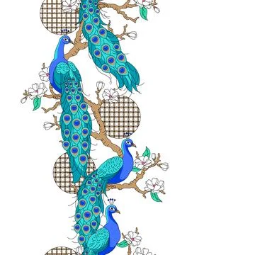 Seamless pattern with peacocks forest. Tropical exotic birds. Wild fauna of.. Stock Illustration