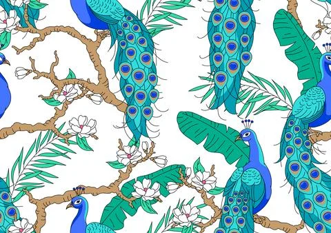Seamless pattern with peacocks. Tropical exotic birds. Wild fauna of jungle. 스톡 일러스트