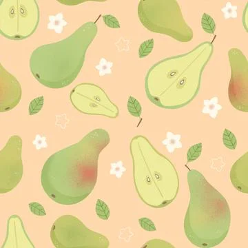 Seamless pattern with pear, half pear, leaves Stock Illustration