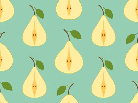 Seamless pattern with pear halves with one leaf. Pear cut in half. Design f.. Stock Illustration