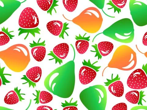 Seamless pattern with pears and strawberries in 3d style. Summer fruit mix .. Stock Illustration