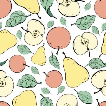Seamless pattern with pears, apples and leaves Stock Illustration