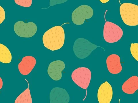 Seamless pattern with pears, apples and lemons on a green background. Summe.. Stock-Illustration
