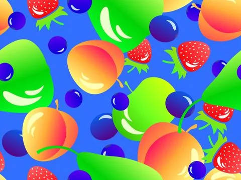 Seamless pattern with pears, apples, blueberries and peaches. Summer fruit .. Stock Illustration