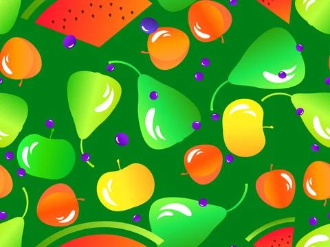 Seamless pattern with pears, apples, blueberries, peaches and watermelons. .. Stock Illustration