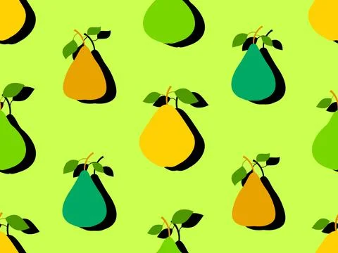 Seamless pattern of pears in flat style with shadow. Ripe pears with two le.. Illustrazione stock