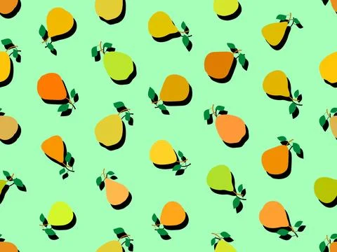 Seamless pattern of pears in flat style with shadow. Ripe pears with two le.. Illustrazione stock