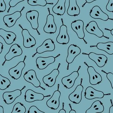 Seamless pattern with pears. Linear Cartoon sketch. Black fruits on blue Stock Illustration