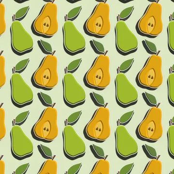 Seamless pattern of pears with shadow on a light green background, 3D rende.. Stock Illustration