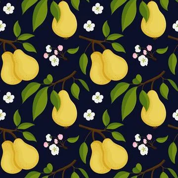 Seamless pattern with pears on tree branches with flowers, dark background Stock Illustration
