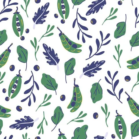 Seamless pattern with peas and salad leaves. Green pea. Healthy green food. V Stock Illustration