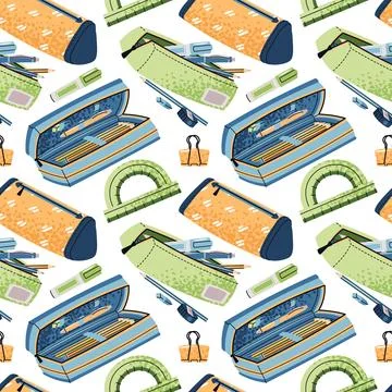 Seamless Pattern with Pencil Cases, Pens, Protractor and Markers. School and Stock Illustration
