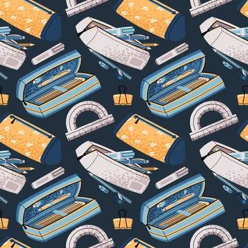Seamless Pattern with Pencil Cases, Pens, Protractor and Markers. School and Stock Illustration