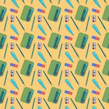 Seamless pattern with pencil cases, pens, pencils, erasers, and sharpeners on Stock Illustration