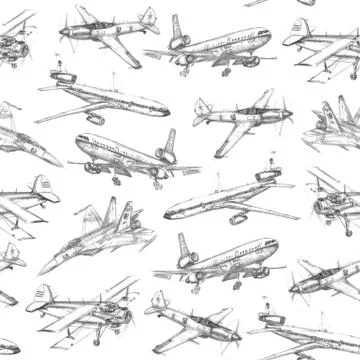 Seamless pattern with pencil drawn airplanes. Backgrounds and textures for bo Stock Illustration