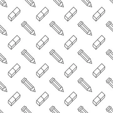 Seamless pattern with pencil, eraser line icons. Work tools background, writing Stock Illustration