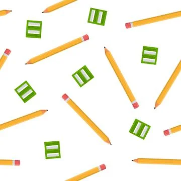 Seamless pattern with pencils and green sharpeners isolated on white backgrou Stock Illustration