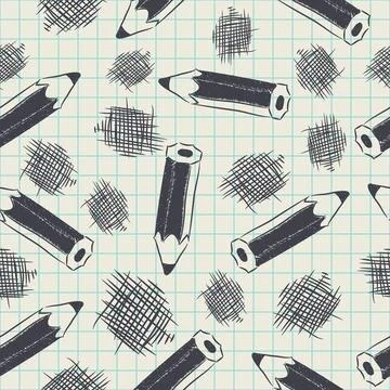Seamless pattern pencils and scribbles hand drawn black on notebook Stock Illustration
